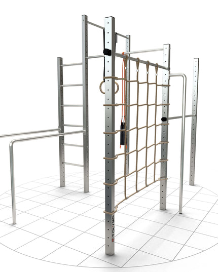 TOLYMP Neverest Max Calisthenics-Station aus Edelstahl mit vier Klimmzugstangen, Turnringen und Kletternetz
