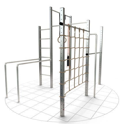 TOLYMP Neverest Max Calisthenics-Station aus Edelstahl mit vier Klimmzugstangen, Turnringen und Kletternetz